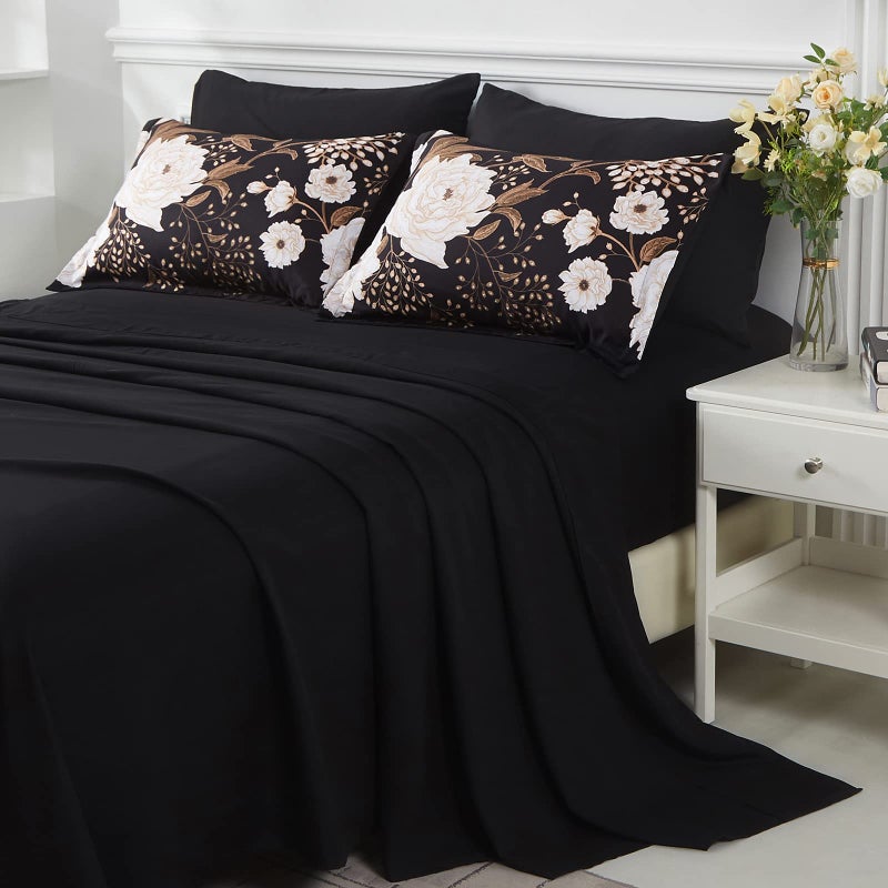 Yogeneg Yogeneg 5 Piece Bed in a Bag Twin Size Comforter Set Botanical Floral Bedding Set White Flower Leaves Printed on Black Reversible Design Soft Microfiber Comforter with Sheet Set All Season(Black Twin) - Image 4