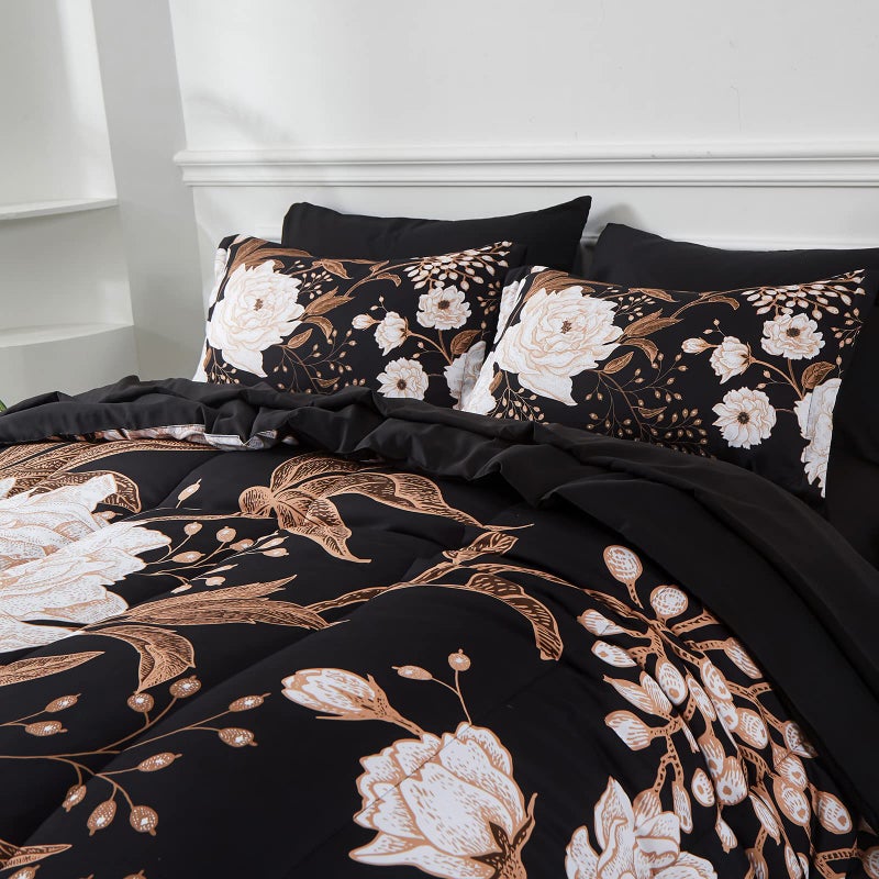 Yogeneg Yogeneg 5 Piece Bed in a Bag Twin Size Comforter Set Botanical Floral Bedding Set White Flower Leaves Printed on Black Reversible Design Soft Microfiber Comforter with Sheet Set All Season(Black Twin) - Image 2