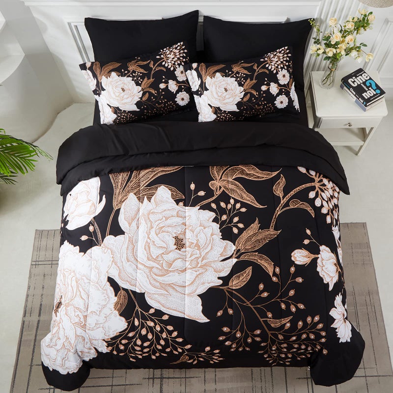 Yogeneg Yogeneg 5 Piece Bed in a Bag Twin Size Comforter Set Botanical Floral Bedding Set White Flower Leaves Printed on Black Reversible Design Soft Microfiber Comforter with Sheet Set All Season(Black Twin) - Image 3