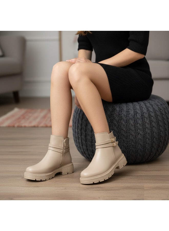 لايف ستيلاش  جزمات الكاحل فلات جلد انيق G-64 - بيج - Image 1