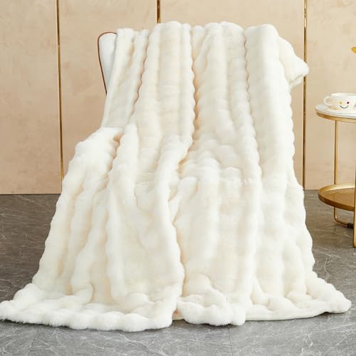 SHANNA Soft Warm Rabbit Plush Fleece Blankets Thick 1000 GSM Throws for Sofa Large Fluffy Versatile Blanket Bed Throw for Bedroom Couch Travel Kids Camping White 130  160cm
