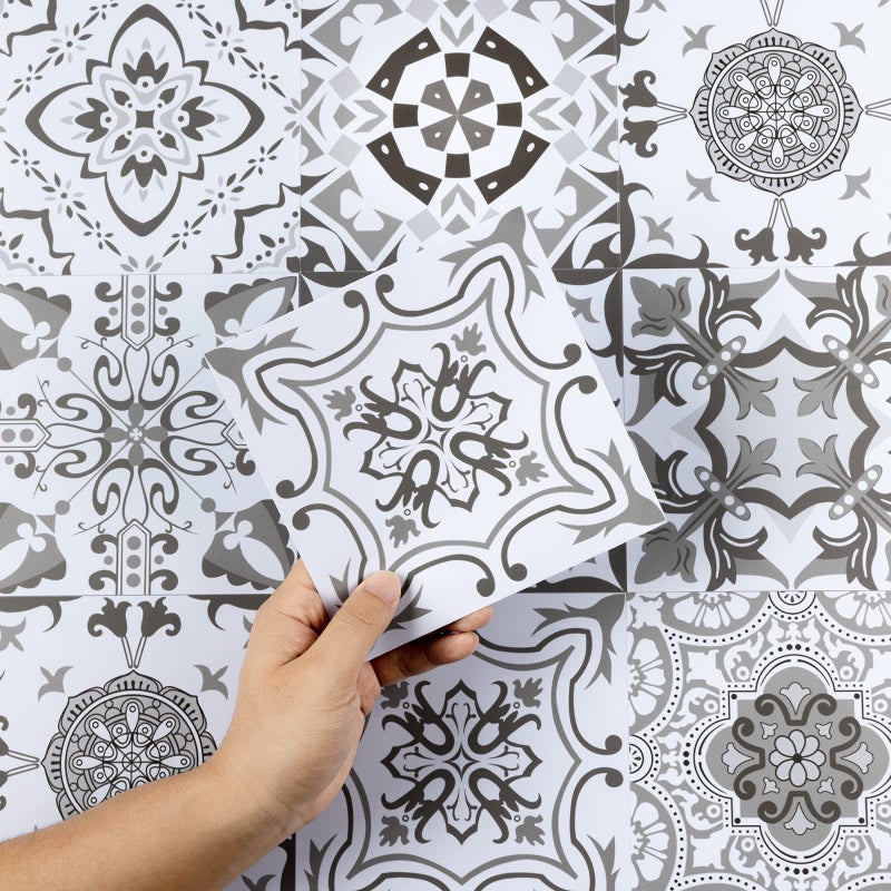 Hode Kitchen Bathroom Tile Stickers Stick on Tiles Sticky Back Peel and Stick Self Adhesive Wall Vinyl Waterproof Grey and White Moroccan 24pcs 15x15cm