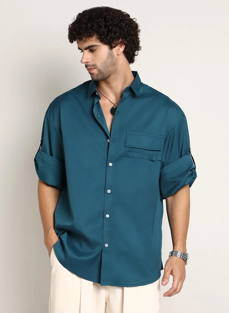 Campus Sutra Teal Green Men's Teal Green Satin-Utility Oversized Shirt for Men | Best Price UAE