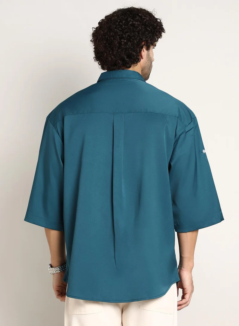 Campus Sutra Teal Green Men's Teal Green Satin-Utility Oversized Shirt for Men | Best Price UAE