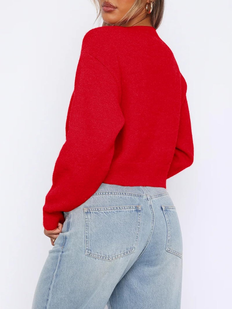 Balimtoy Women Y2K Button Down Crop Sweater Cardigans Cute Long Sleeve Crew Neck Coquette Cardigan Tops Streetwear Red M - Image 2