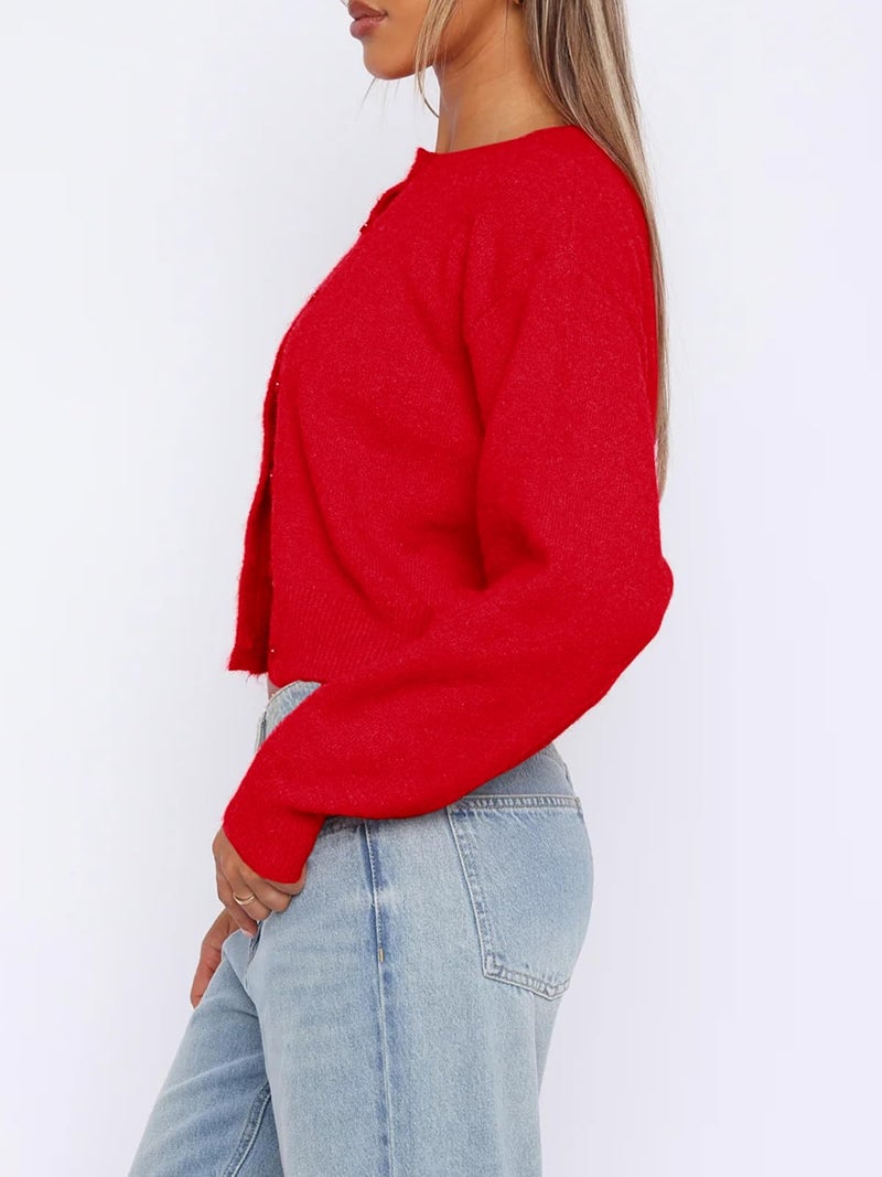 Balimtoy Women Y2K Button Down Crop Sweater Cardigans Cute Long Sleeve Crew Neck Coquette Cardigan Tops Streetwear Red M - Image 4