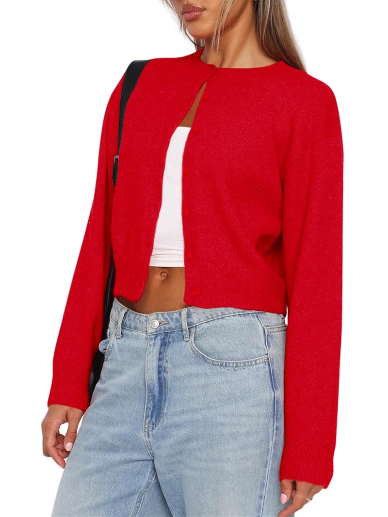 Balimtoy Women Y2K Button Down Crop Sweater Cardigans Cute Long Sleeve Crew Neck Coquette Cardigan Tops Streetwear Red M - Image 1