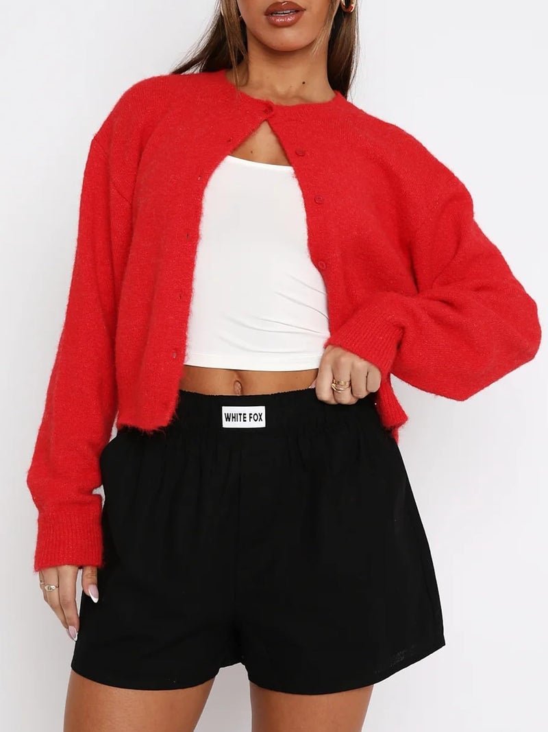 Balimtoy Women Y2K Button Down Crop Sweater Cardigans Cute Long Sleeve Crew Neck Coquette Cardigan Tops Streetwear Red M - Image 3