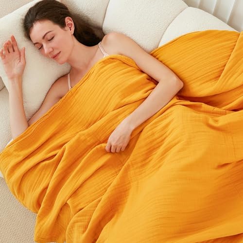 EMME Cotton Throw Blanket - 100% Muslin Soft, Breathable Gauze - All Season, Pre-Washed - Mustard Yellow, 50"x70" - Image 3