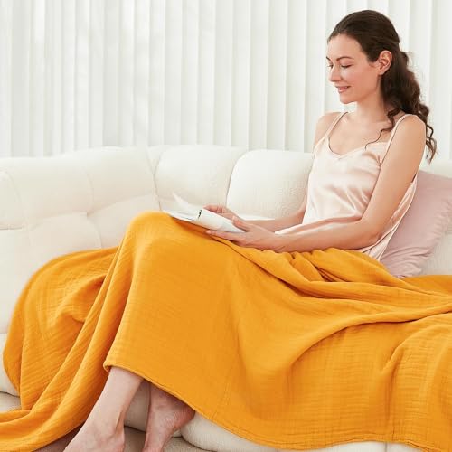 EMME Cotton Throw Blanket - 100% Muslin Soft, Breathable Gauze - All Season, Pre-Washed - Mustard Yellow, 50"x70" - Image 4