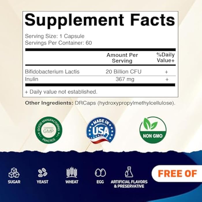 Vitamatic Bifidobacterium lactis - 20 Billion per DR Capsule - 60 Count - Digestive Support - Made with Prebiotic Inulin Fiber - 2 Pack (120 Count) - Image 2