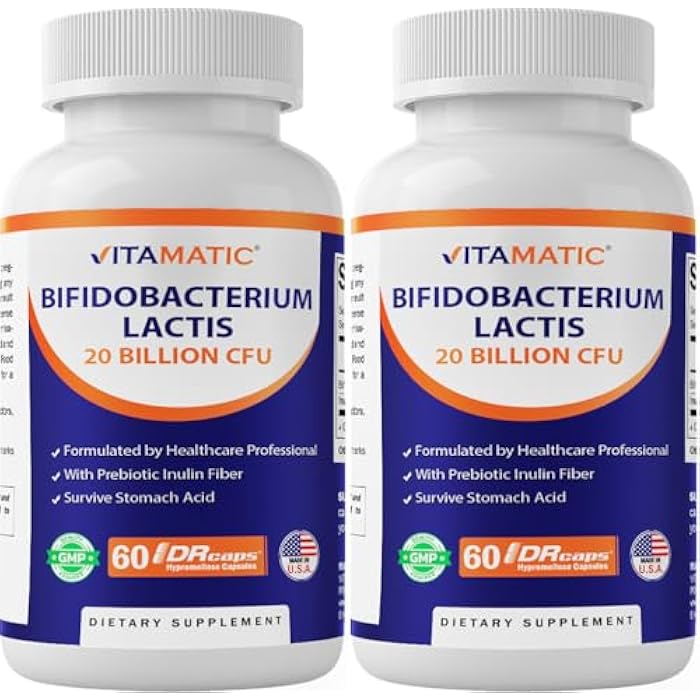 Vitamatic Bifidobacterium lactis - 20 Billion per DR Capsule - 60 Count - Digestive Support - Made with Prebiotic Inulin Fiber - 2 Pack (120 Count) - Image 1