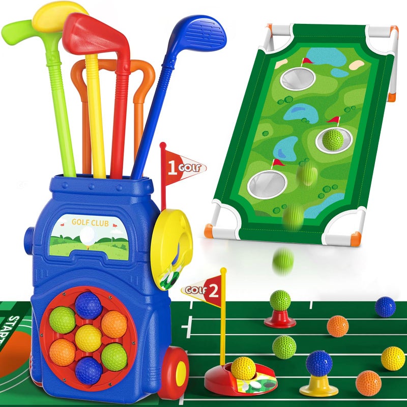 KINGTOP Toddler Golf Set with Putting Mat Cornhole Board Kids Golf Clubs 35 Years Old with 10 Balls 4 Clubs 2 Holes Cart Indoor Outdoor Toddler Sports Toys - Image 3