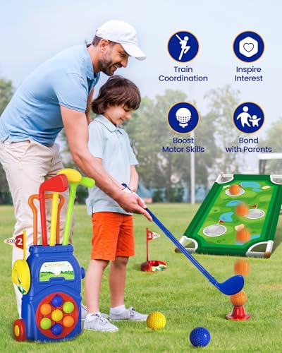 KINGTOP Toddler Golf Set with Putting Mat Cornhole Board Kids Golf Clubs 35 Years Old with 10 Balls 4 Clubs 2 Holes Cart Indoor Outdoor Toddler Sports Toys - Image 5