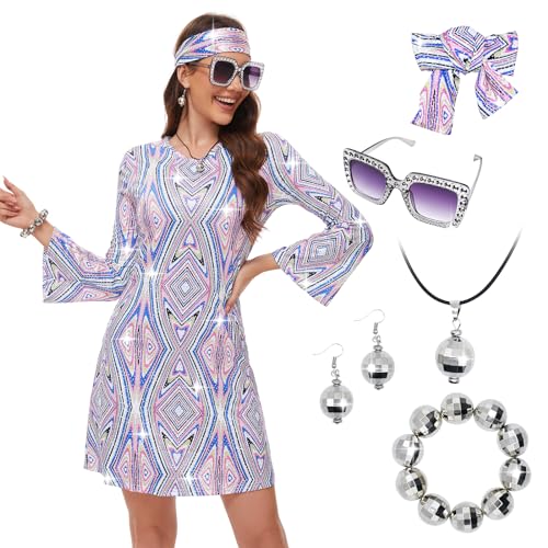 MRYUWB 70s Women Disco Dress Hippie Costumes Necklace Earrings Glasses, 60s 70s Birthday Outfits, 1970s Clothing Prom Dresses (Sparkle MultiColor, Small) - Image 1