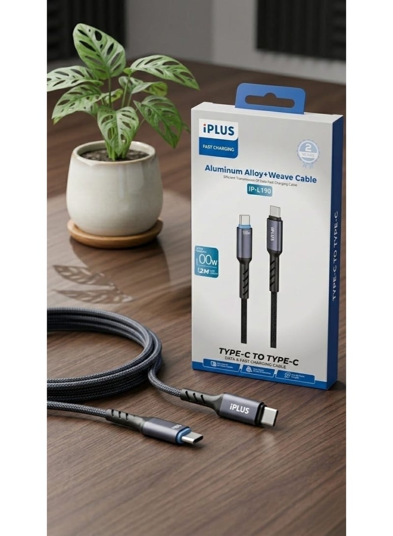 iplus Fast Charging Type-C to Type-C Cable, 100W Power Delivery Charging Cable, USB-C to USB-C Fast Charger Cord, Advanced 100W PD Charging Cable, Type-C to Type-C Power Cable, Type-C Connector to Type-C Connector, Compatible with Laptops, MacBook, and iPad Pro, Charging Cable for iPhone 15 and iPhone 16 Pro Max, High-Speed Data Transfer up to 480Mbps, Durable Braided Fabric Cable Resistant to Wear and Cutting, Ideal 1.2 Meter Length for Everyday Use, Made with Strong Aluminum Alloy Connectors, Built-in Smart Chip for Battery Protection, Safe and Stable Charging for Smart Devices, Compatible with Samsung Galaxy, Huawei, and Xiaomi Devices, Strong and Flexible USB-C Cable, Tangle-Resistant Design, Compliant with Saudi SASO Standards, Premium Quality for Heavy Daily Use, Fast Charging Cable for Tablets and Laptops, Supports 100W Power Delivery (PD) Technology, High-Performance Original Charging Cable, Universally Compatible with Type-C Ports. - Image 1