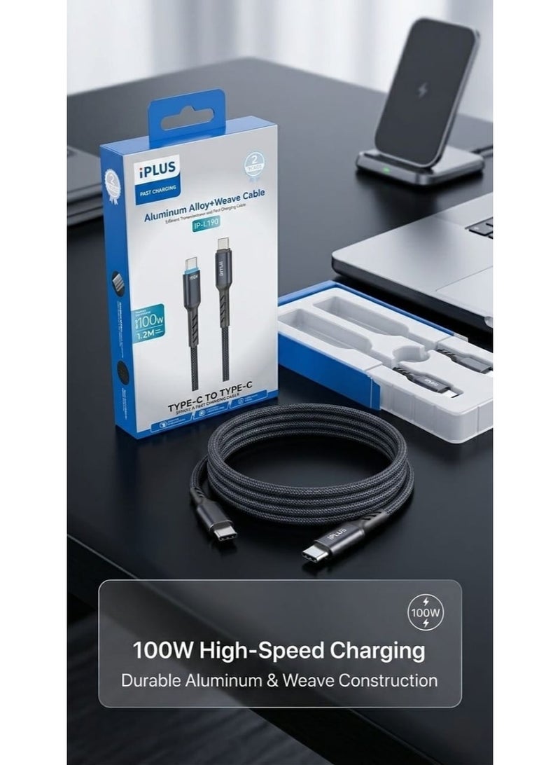 iplus Fast Charging Type-C to Type-C Cable, 100W Power Delivery Charging Cable, USB-C to USB-C Fast Charger Cord, Advanced 100W PD Charging Cable, Type-C to Type-C Power Cable, Type-C Connector to Type-C Connector, Compatible with Laptops, MacBook, and iPad Pro, Charging Cable for iPhone 15 and iPhone 16 Pro Max, High-Speed Data Transfer up to 480Mbps, Durable Braided Fabric Cable Resistant to Wear and Cutting, Ideal 1.2 Meter Length for Everyday Use, Made with Strong Aluminum Alloy Connectors, Built-in Smart Chip for Battery Protection, Safe and Stable Charging for Smart Devices, Compatible with Samsung Galaxy, Huawei, and Xiaomi Devices, Strong and Flexible USB-C Cable, Tangle-Resistant Design, Compliant with Saudi SASO Standards, Premium Quality for Heavy Daily Use, Fast Charging Cable for Tablets and Laptops, Supports 100W Power Delivery (PD) Technology, High-Performance Original Charging Cable, Universally Compatible with Type-C Ports. - Image 2