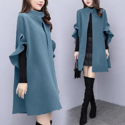 New 2021 Womens plus Size Woolen Coat A- Line Cloak Medium Length British Style Thickened Winter Outerwear for Plump MM Peacock Blue  - Image 1