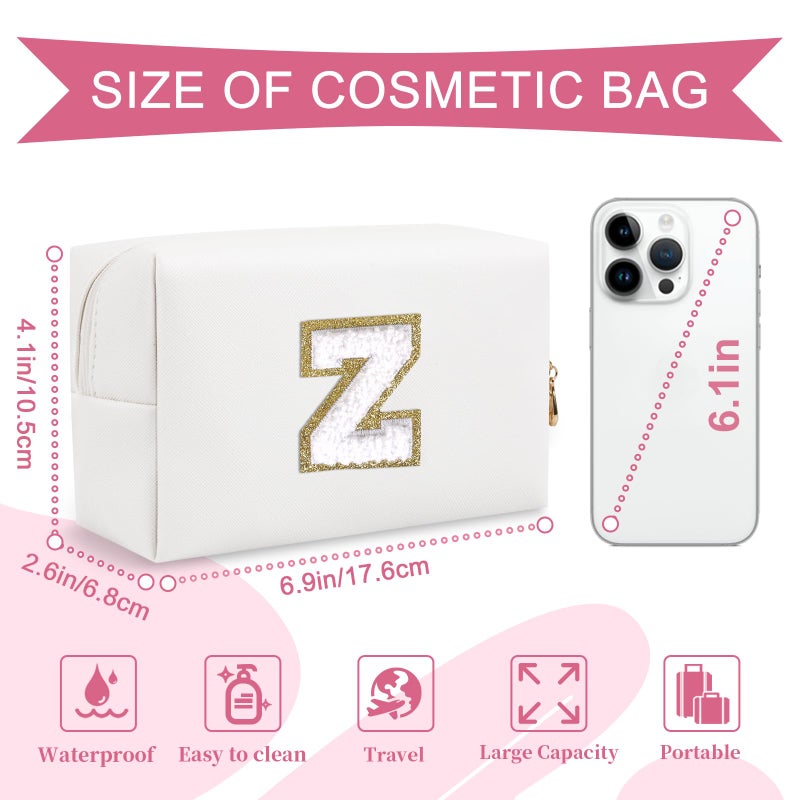 ChaoGreat Small Personalized Initial A-Z Preppy Patch Makeup Bag White Pu Chenille Letter Travel Cosmetic Pouch With Zipper Cute Toiletry Bag Gift Ideal For Teen Girls Women Teacher Bridesmaid Letter Z - Image 2