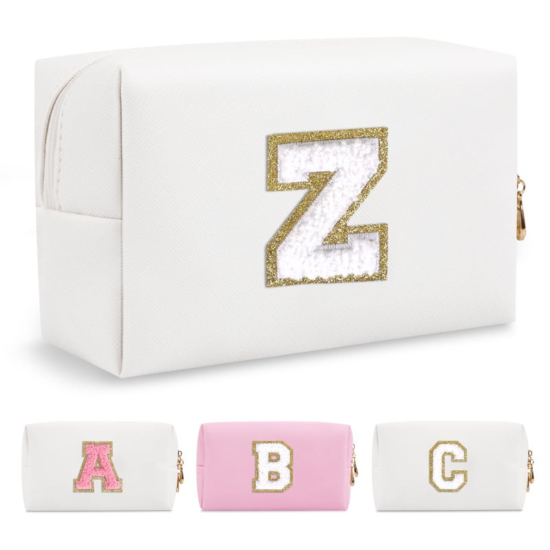 ChaoGreat Small Personalized Initial A-Z Preppy Patch Makeup Bag White Pu Chenille Letter Travel Cosmetic Pouch With Zipper Cute Toiletry Bag Gift Ideal For Teen Girls Women Teacher Bridesmaid Letter Z - Image 1