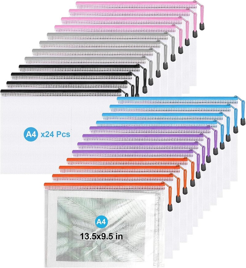 Jicsetk Mesh Zipper Pouch,24pcs Zipper Bags,Waterproof Plastic Document Pouch,Zip File Folders for School Office Supplies. - Image 1