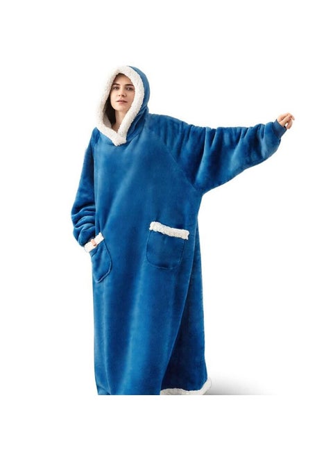 Christmas Hooded Sweater Winter Warm Long Lazy Person Suit Large Red Deer Printing Blanket Parkas Coat Thickened Fleece Lining D21-peacock blue