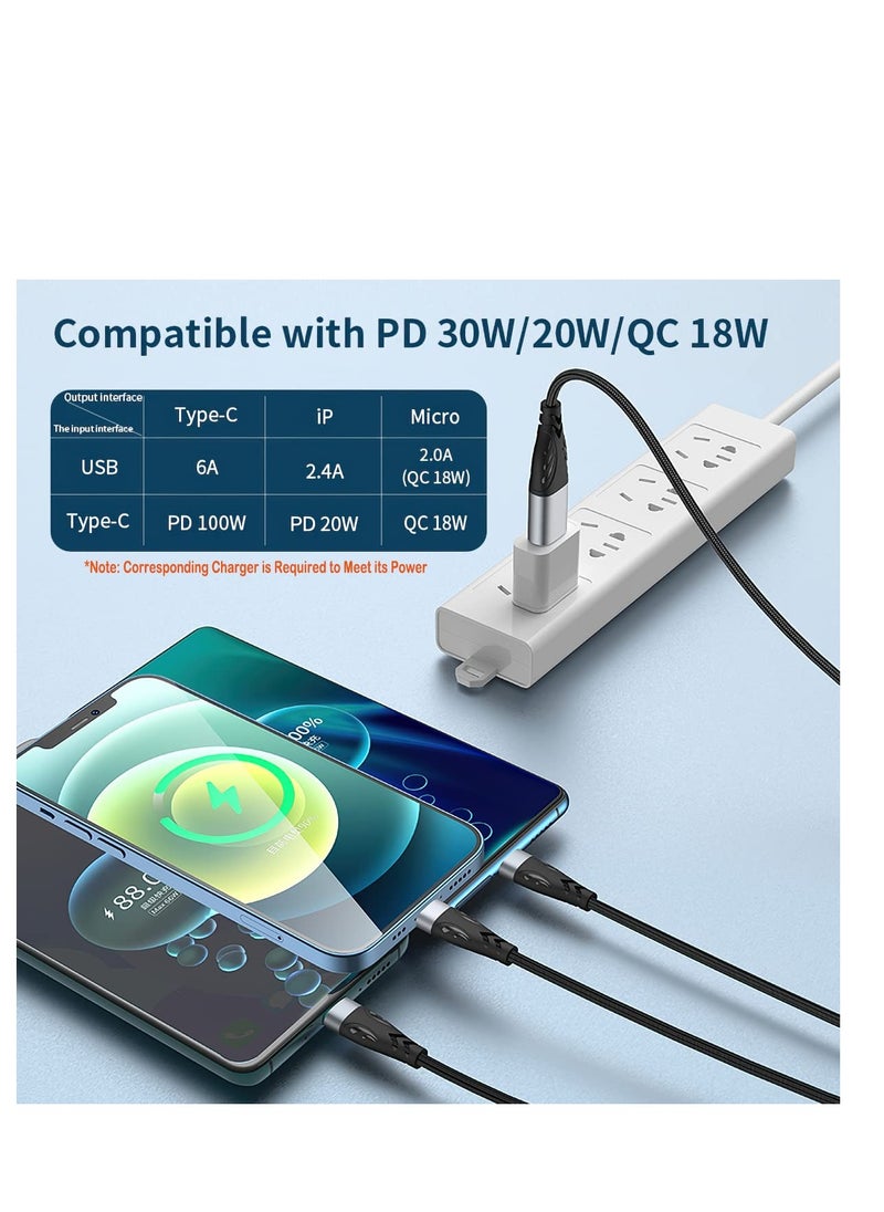 Excefore - 100W USB C to Multi Charging Cable, 3 in 1 Charging Cable, Multi USB Nylon Braided 6A PD Charger Cord, with IP/Type-C/Micro Connectors, Micro USB Port Connectors for Cell Phones and More - Image 1
