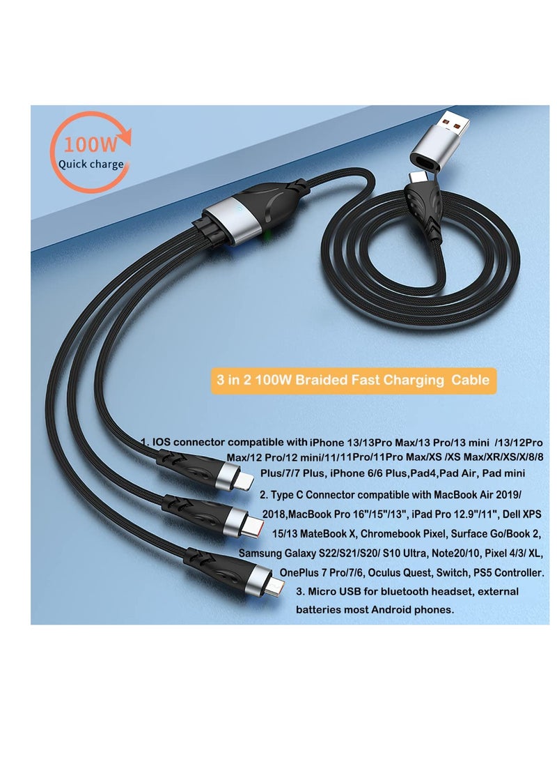 Excefore - 100W USB C to Multi Charging Cable, 3 in 1 Charging Cable, Multi USB Nylon Braided 6A PD Charger Cord, with IP/Type-C/Micro Connectors, Micro USB Port Connectors for Cell Phones and More - Image 1