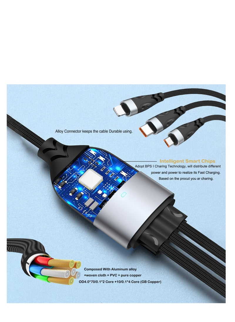 Excefore - 100W USB C to Multi Charging Cable, 3 in 1 Charging Cable, Multi USB Nylon Braided 6A PD Charger Cord, with IP/Type-C/Micro Connectors, Micro USB Port Connectors for Cell Phones and More - Image 1