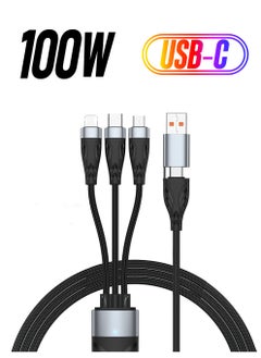 100W USB C to Multi Charging Cable, 3 in 1 Charging Cable, Multi USB Nylon Braided 6A PD Charger Cord, with IP/Type-C/Micro Connectors, Micro USB Port Connectors for Cell Phones and More