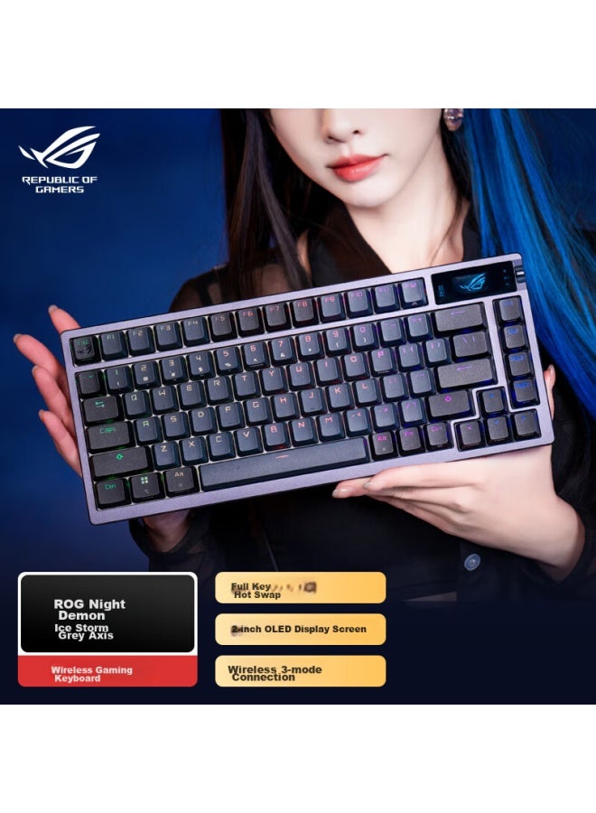 Rog Night Demon Mechanical Keyboard, Wired/wireless/bluetooth Triple-mode Gaming Keyboard, 75-key Layout, Nx Ice Storm Gray Switches, Rgb Hot-swappable, Customizable Gasket Structure, Oled Screen, Black - Image 1