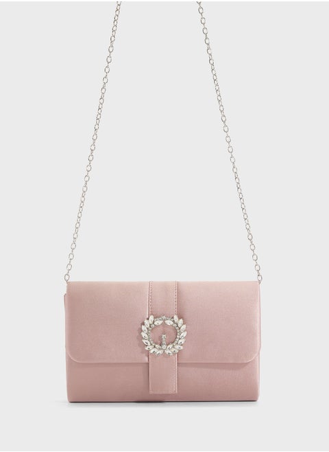 Embellished Trim Satin Clutch Bag