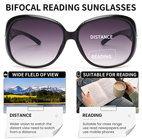 JM Classic Bifocal Reading Sunglasses for Women Vintage Reader Glasses Outdoor UV Protection Black +2.5 - Image 4