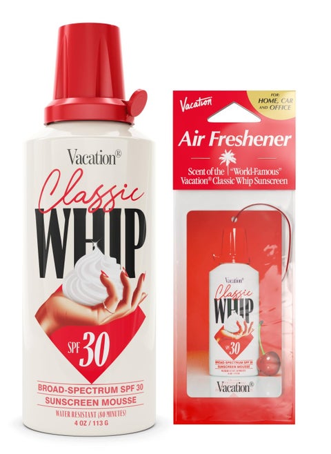 Vacation Classic Whip SPF 30 Sunscreen + Air Freshener Bundle, Whipped Sunscreen Mousse SPF 30, Moisturizer with SPF, Broad Spectrum, Water-Resistant Whipped Sunscreen, 4 Oz.