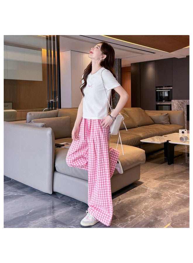 TonLion 2025 Summer Women's Round Neck Short Sleeve T-shirt & Checkered Pants Set - Sweet Korean Style Versatile Lazy Chic Outfit - Image 4
