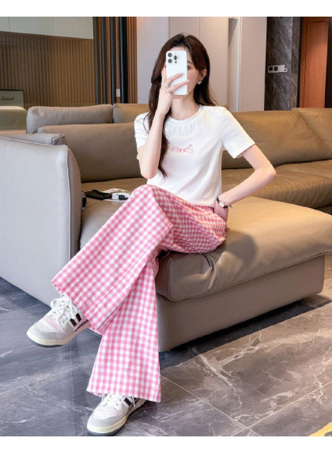 TonLion 2025 Summer Women's Round Neck Short Sleeve T-shirt & Checkered Pants Set - Sweet Korean Style Versatile Lazy Chic Outfit - Image 1