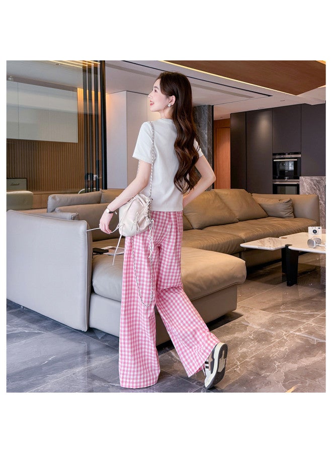 TonLion 2025 Summer Women's Round Neck Short Sleeve T-shirt & Checkered Pants Set - Sweet Korean Style Versatile Lazy Chic Outfit - Image 5