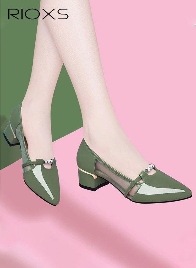 RIOXS Women's Leather Shoes, Pointed Toe Dressy Shoes, 4cm Low Heels Slip-on Shoes, Classic Chunky Heeled Shoes, Fashion Versatile Women Dressy Shoes, Thick-heeled Mary Jane Shoes, Comfy Breathable Pump Shoes for Work/ Wedding/ Casual/ Daily Wear - Image 1