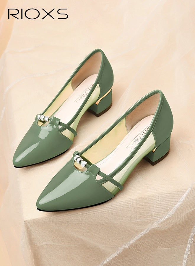 RIOXS Women's Leather Shoes, Pointed Toe Dressy Shoes, 4cm Low Heels Slip-on Shoes, Classic Chunky Heeled Shoes, Fashion Versatile Women Dressy Shoes, Thick-heeled Mary Jane Shoes, Comfy Breathable Pump Shoes for Work/ Wedding/ Casual/ Daily Wear - Image 2