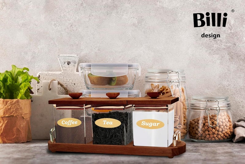 BILLI COFFEE, TEA & SUGAR CANISTER SET WITH WOODEN LID & STAND - Image 2