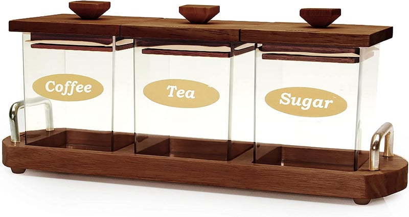 BILLI COFFEE, TEA & SUGAR CANISTER SET WITH WOODEN LID & STAND - Image 1