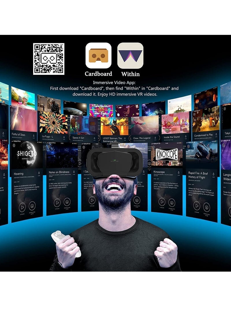 Virtual Reality VR Glasses 3D Glasses with Remote Control and Bluetooth Remote Control, Virtual Reality Glasses Helmets for TV, Movies, Video Games Compatible with iOS and Android, Support 3.5-7.2 inches