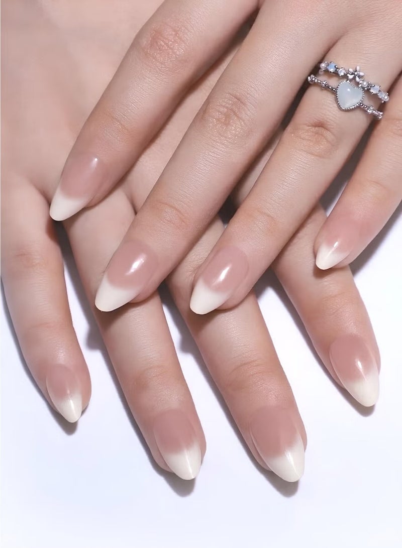 nail Elegant white gradient artificial nail set, short almond shape, 24 nails in assorted sizes - with adhesive and file. - Image 1