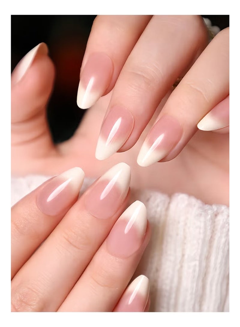nail Elegant white gradient artificial nail set, short almond shape, 24 nails in assorted sizes - with adhesive and file. - Image 2