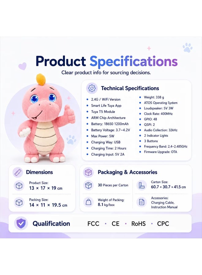 AI Smart Plush Toy Vera Dinosaur for Kids ChatGPT AI Companion Robot 69 Languages Voice Interaction Storytelling Learning Assistant Emotional Support Dinosaur Toy Birthday Gift - Image 3