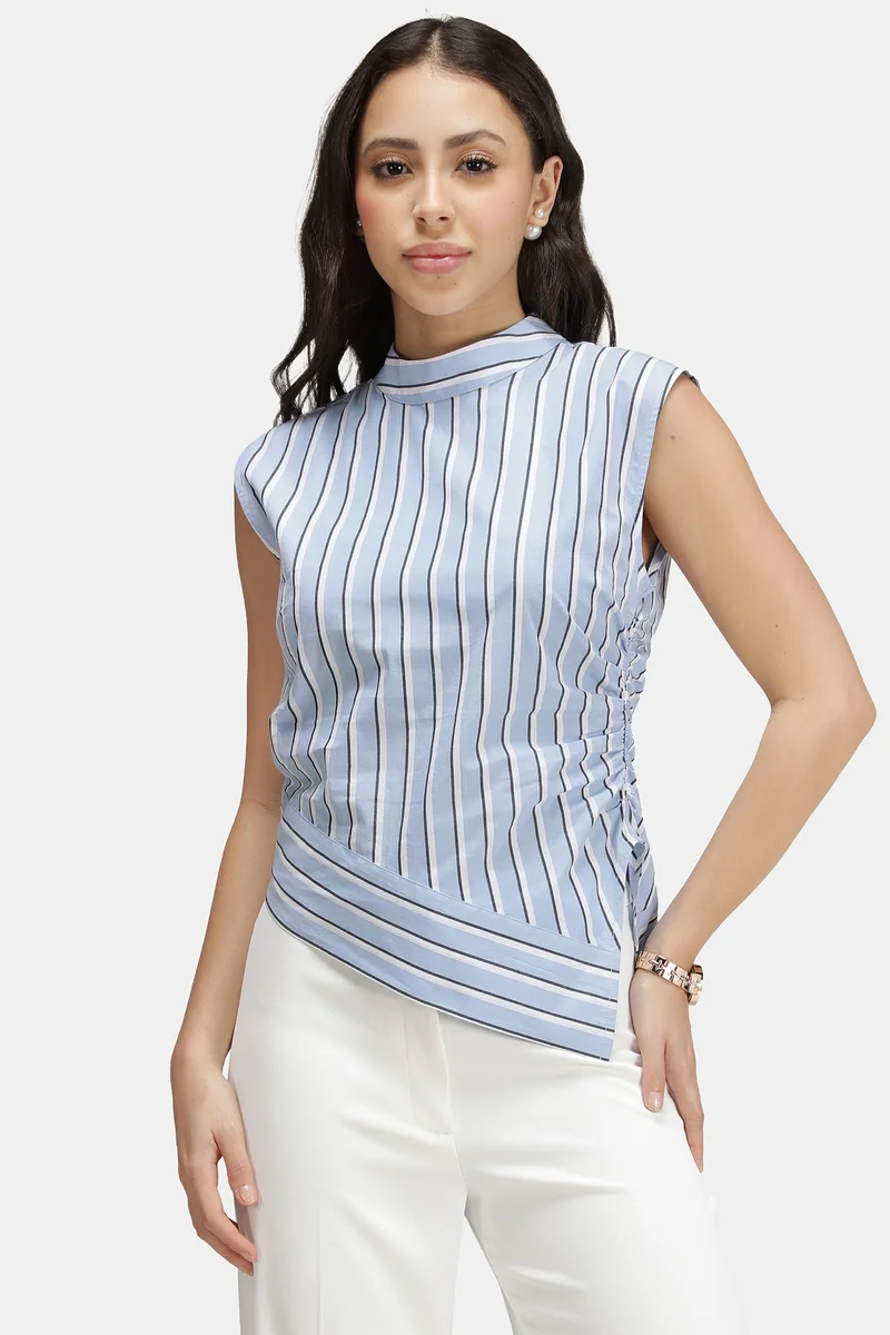 فيرجيو Stripes Cotton Stripe High Neck Asymmetric Top for Women