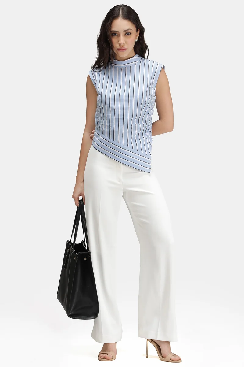 فيرجيو Stripes Cotton Stripe High Neck Asymmetric Top for Women