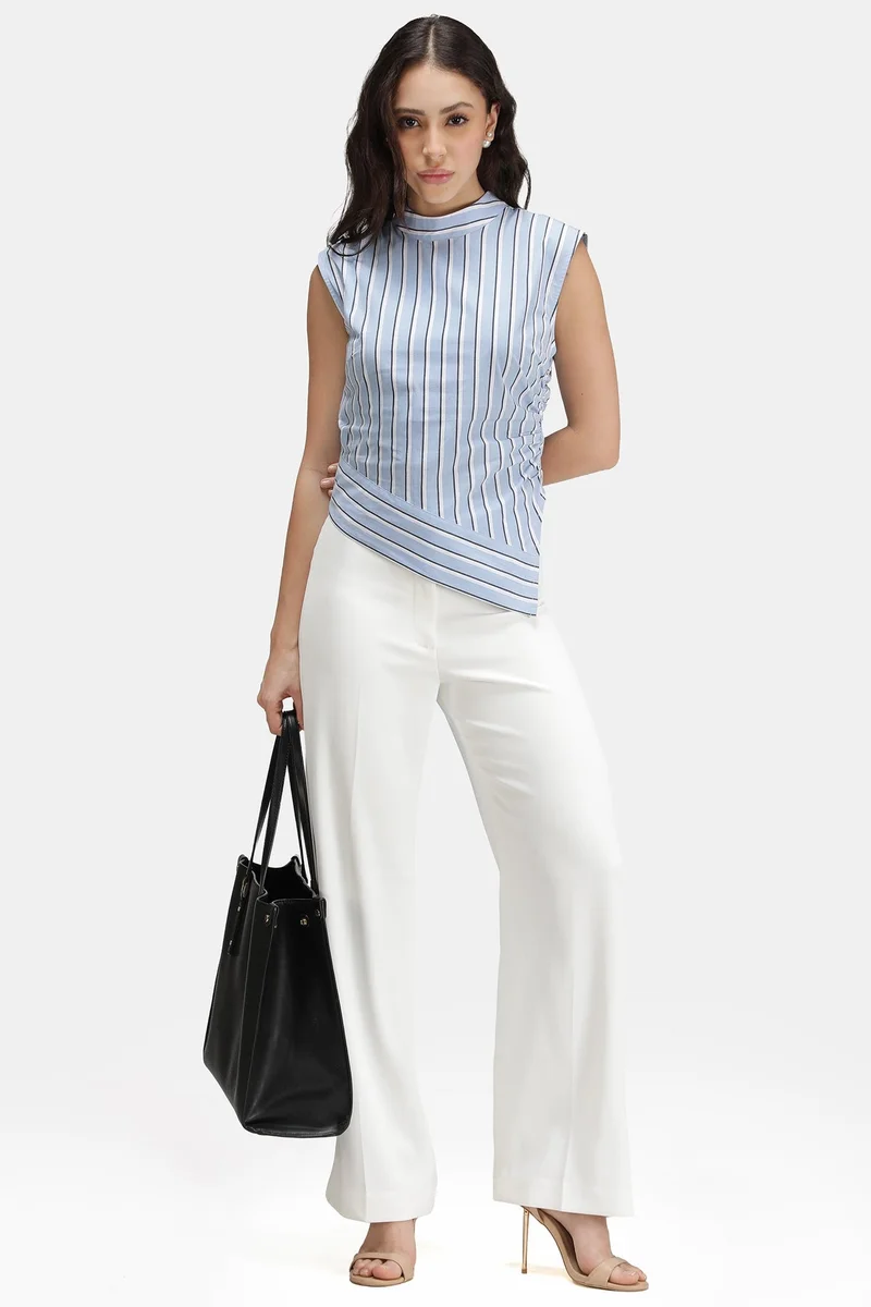 فيرجيو Stripes Cotton Stripe High Neck Asymmetric Top for Women