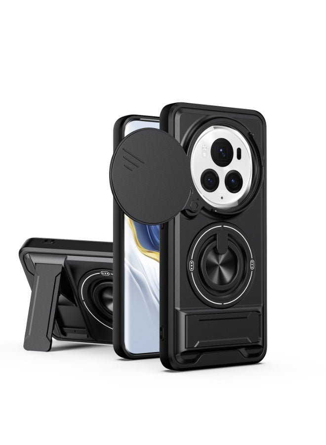 جراب حمايه مقاوم للصدمات مزود بستاند وحلقه دائريه وحمايه للكاميرا متوافق مع  Honor Magic 6 Pro (اسود) - Image 1