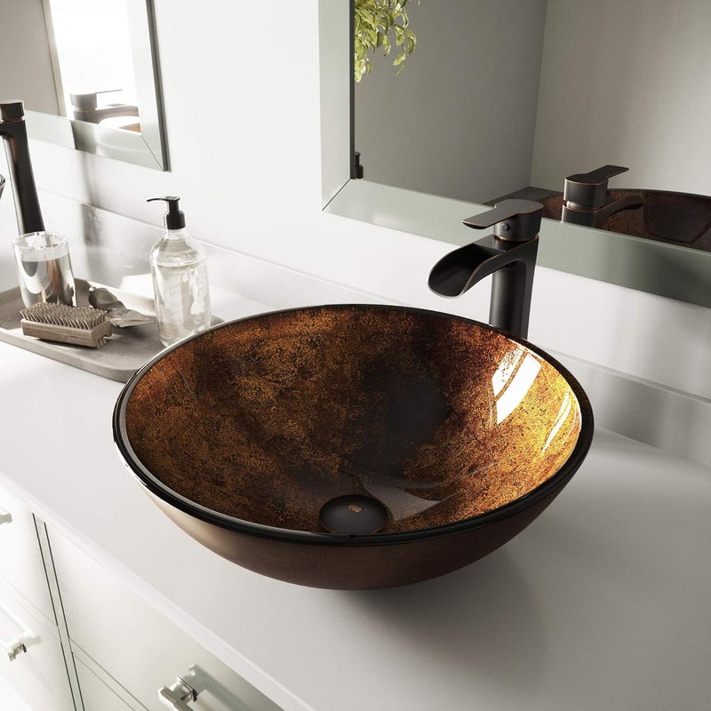 VIGO 17 L 17 W 11 H Giovanni Glass Round Vessel Sink Set in Golden Brown with Faucet and Drain VGT1077 - Image 2